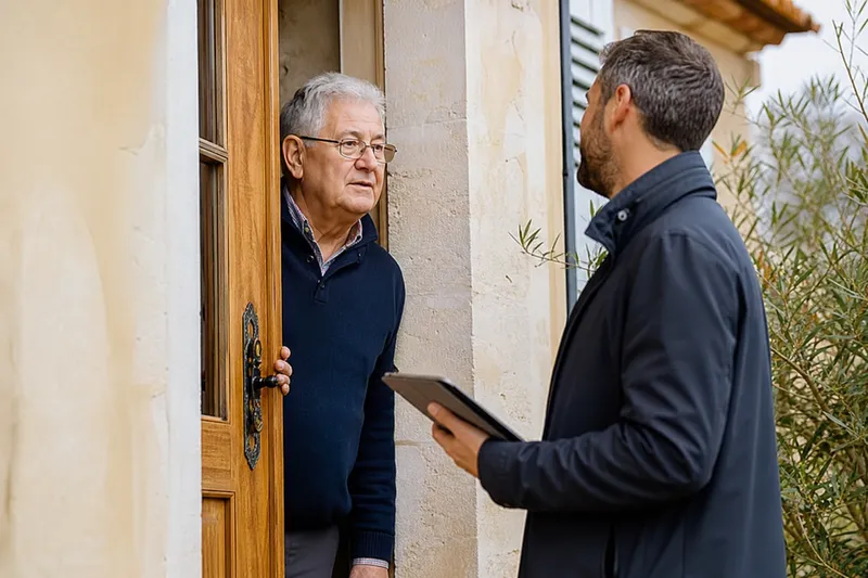 Propriétaire face à un démarcheur à sa porte