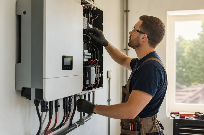 Électricien contrôlant un tableau électrique et un onduleur