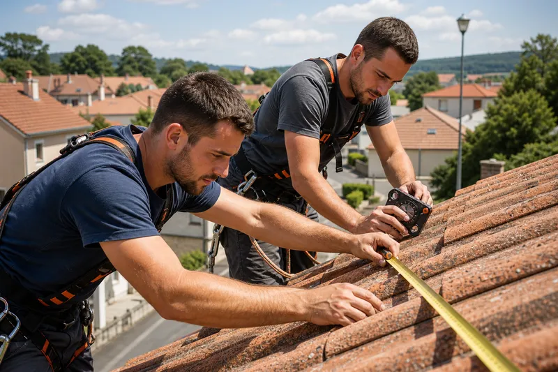 Installateurs mesurant la pente d’un toit