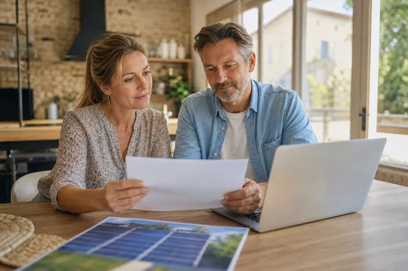 Couple lisant un devis de panneaux solaires