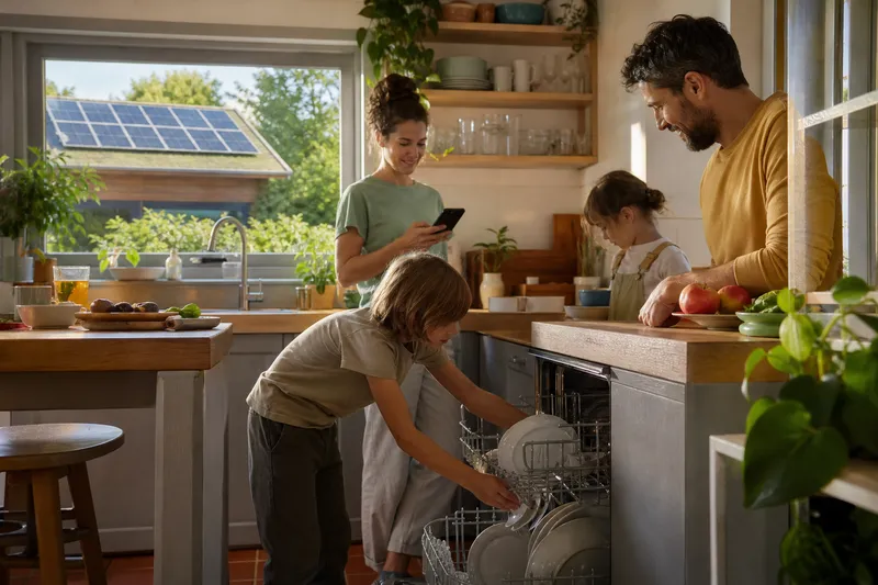 Famille dans sa cuisine, panneaux solaires visibles par la fenêtre